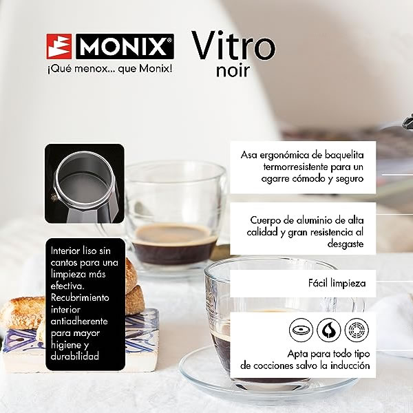 Cafetera italiana aluminio Vitro Negro 9 tazas MONIX